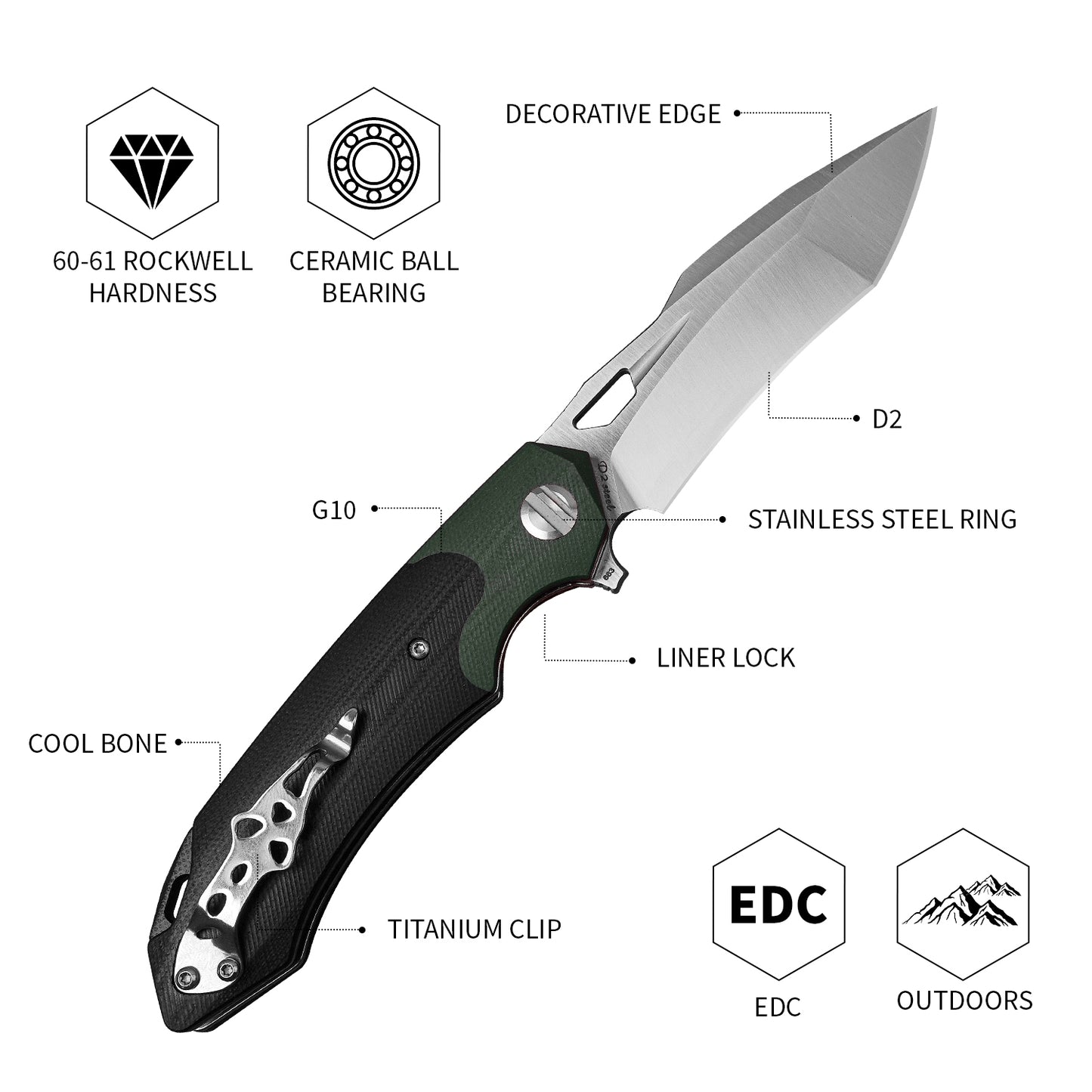 3.54Inch Outdoor Practical EDC Camping Pocket Knives,D2 Steel White Blade ,G10 Handle