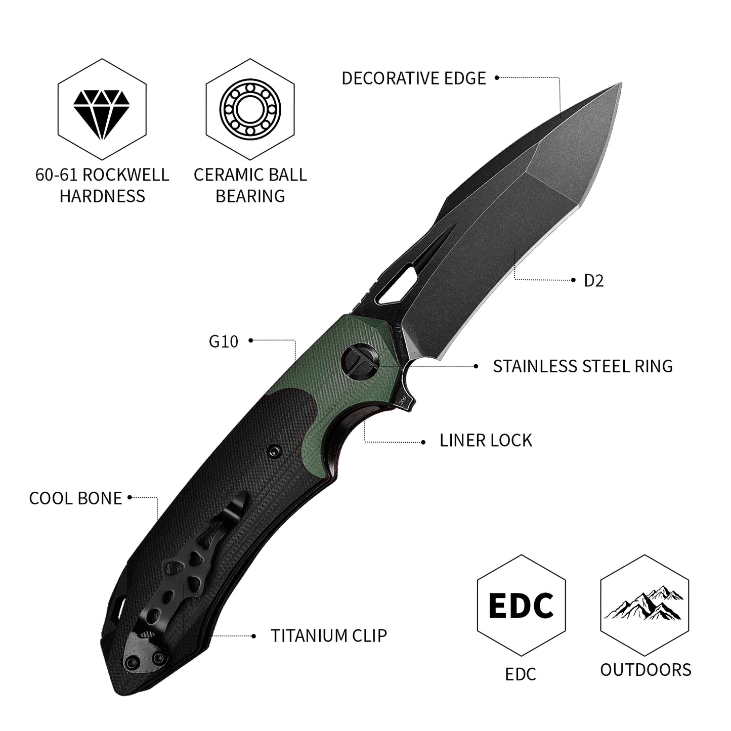 3.54Inch Outdoor Portable EDC Camping Pocket Knives,D2 Tool Steel Black Blade,G10 Handle