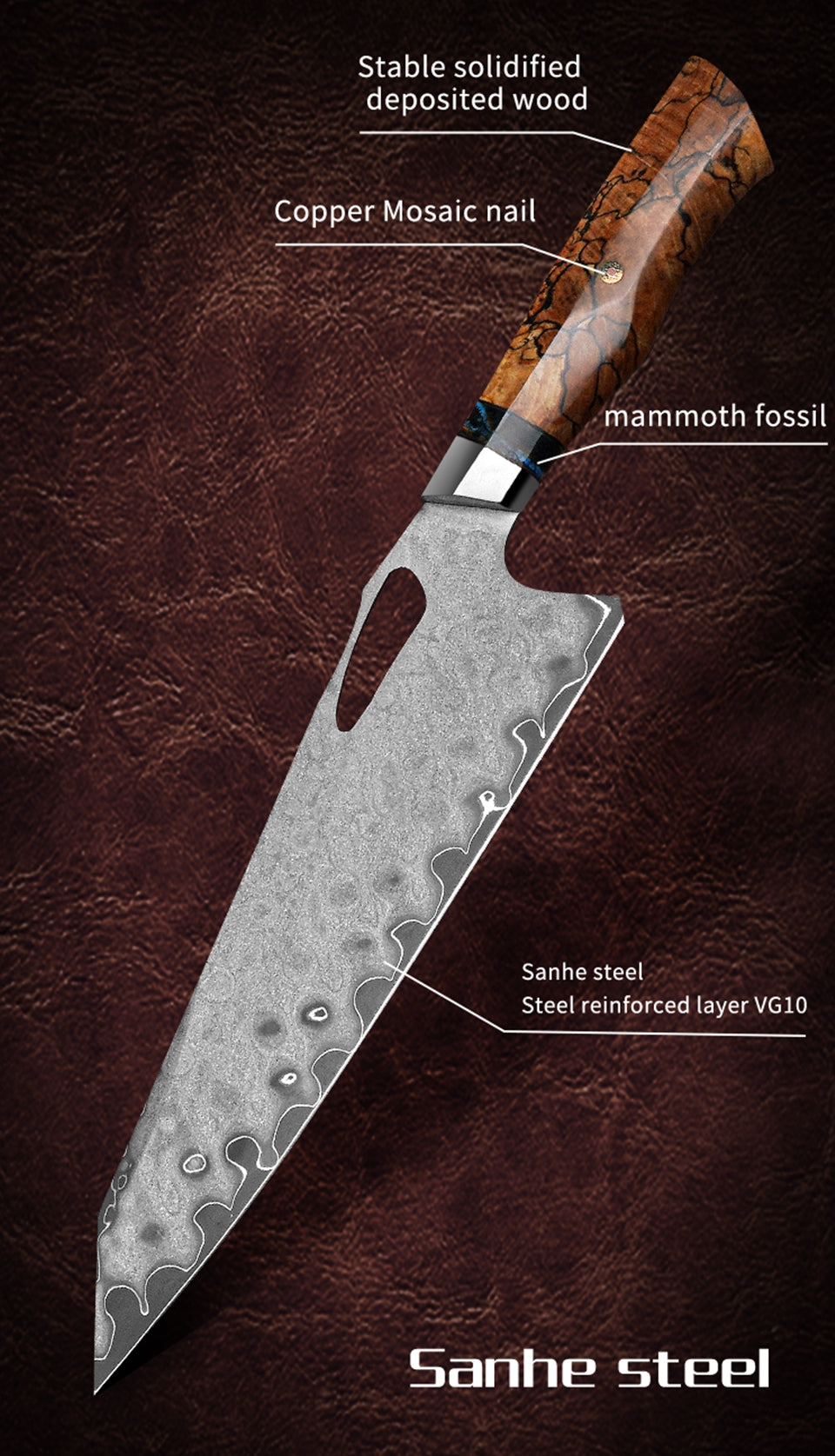 10 Inch Japanese chef's knife, Skd11 Triple Steel, Solidified Maple Wood with Mammoth Stone