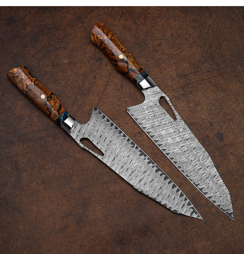 10 Inch Japanese chef's knife, Damascus Steel, Solidified Maple Wood with Mammoth Stone