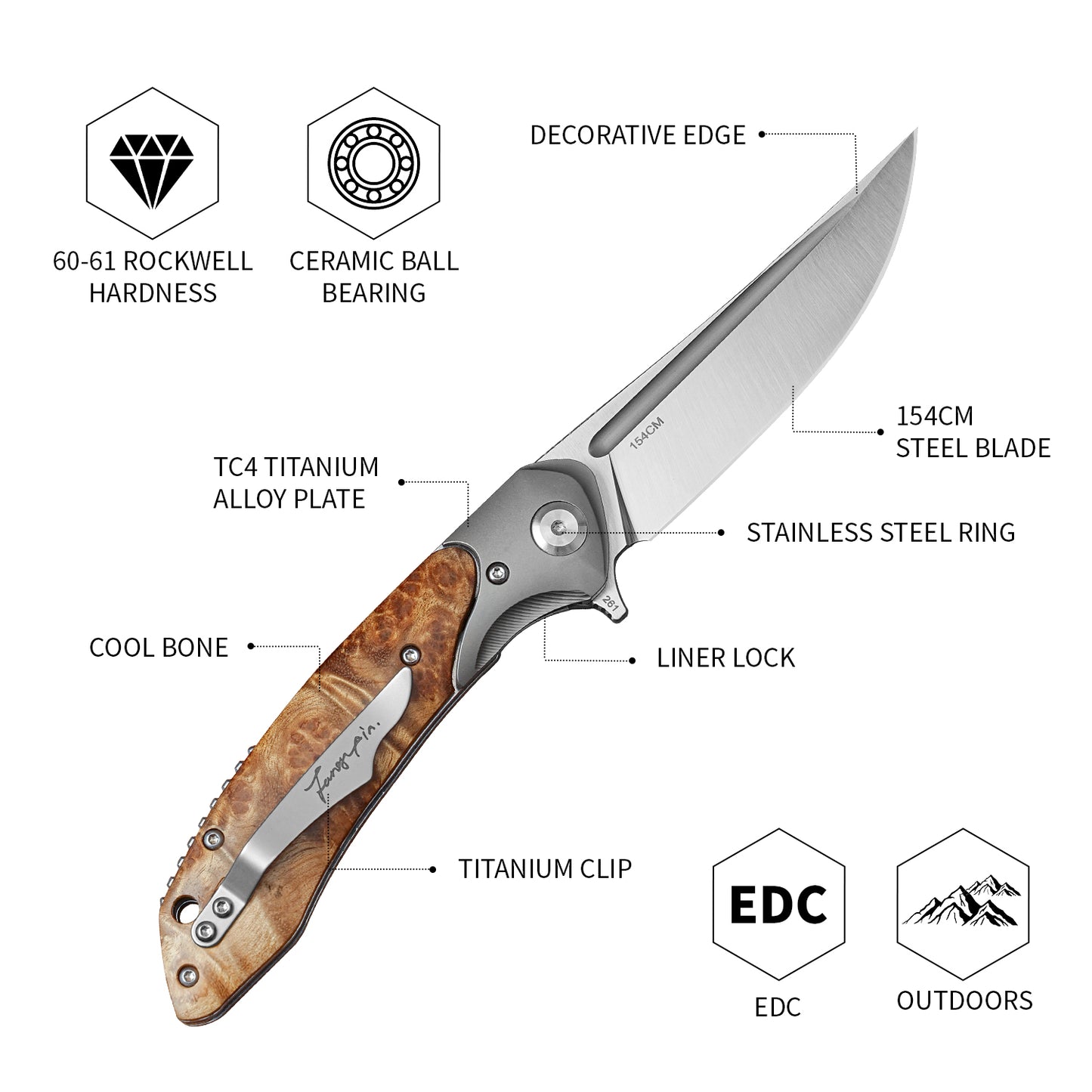 3.54In High Carbon Steel Folding Knife, 154CM Steel, Stable White Shadow Handle