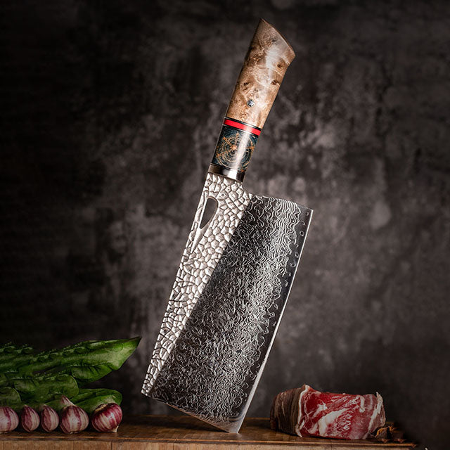 7.5in Professional Chopping Chopper Knives,Hand Forged Damascus Steel,Burl Stabilized Wood Handle