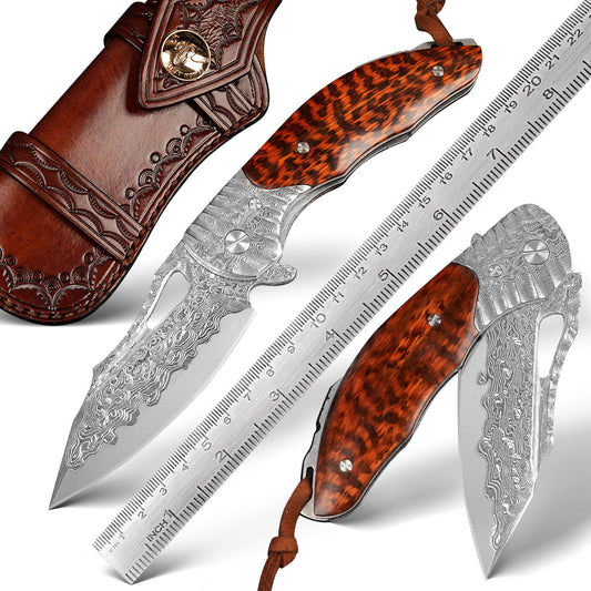 3.54Inch Handmade EDC Tactical Folding Knife,Damascus Steel Blade, Snake Wood Handle