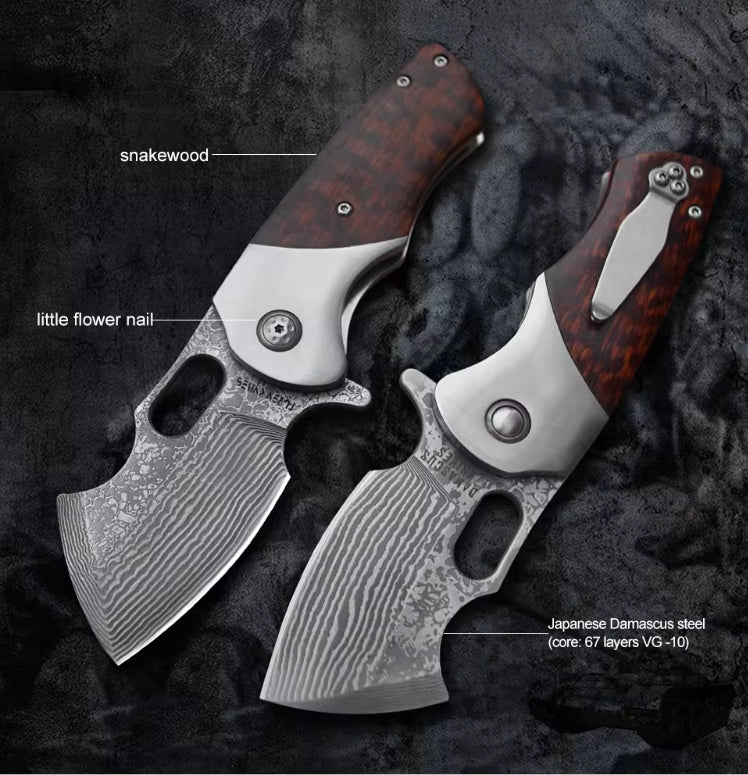 3 Inch Outdoor Survival Folding Hunting Knives Pocket Knife,Damascus Steel, Snakewood Handle