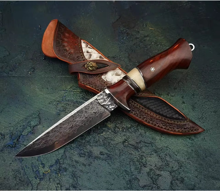 3.86 Inch Outdoor Fixed Blade Bowie Knife, 67 Layers VG10 Steel, Rosewood and Ebony Wood