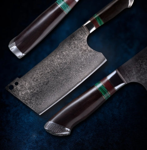 7.5 Inch Japanese Chopping Chopper Knife,103 Layers Damascus Steel,Black Sandalwood + Turquoise+G10 Handle