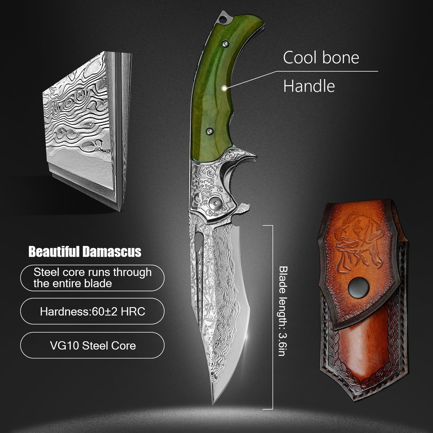 3.62 Inch Portable Folding Pocket Knife, Damascus Steel 67 Layers, Dyed Cow Bone Handle, Clip