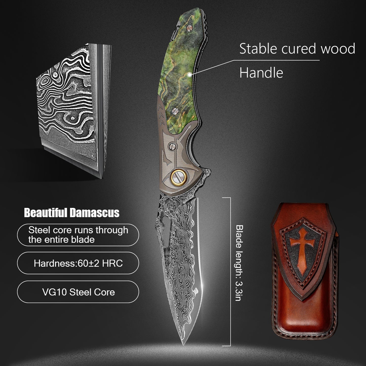 3.35 Inch Folding Pocket Knife，Damascus Steel Blade，American Desert Ironwood Handle