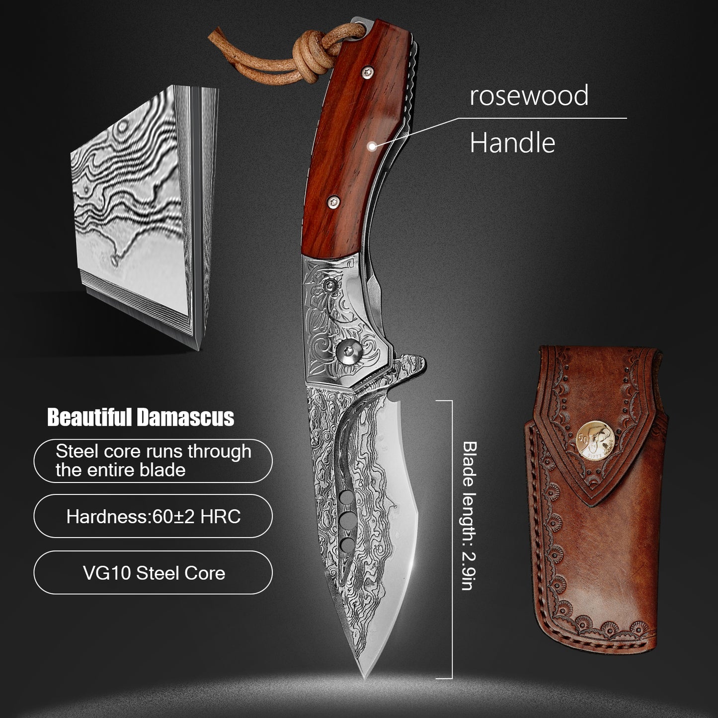 2.87 Inch Camping Folding Knife,67 layers Damascus Steel,VG 10 Core Rosewood Handle