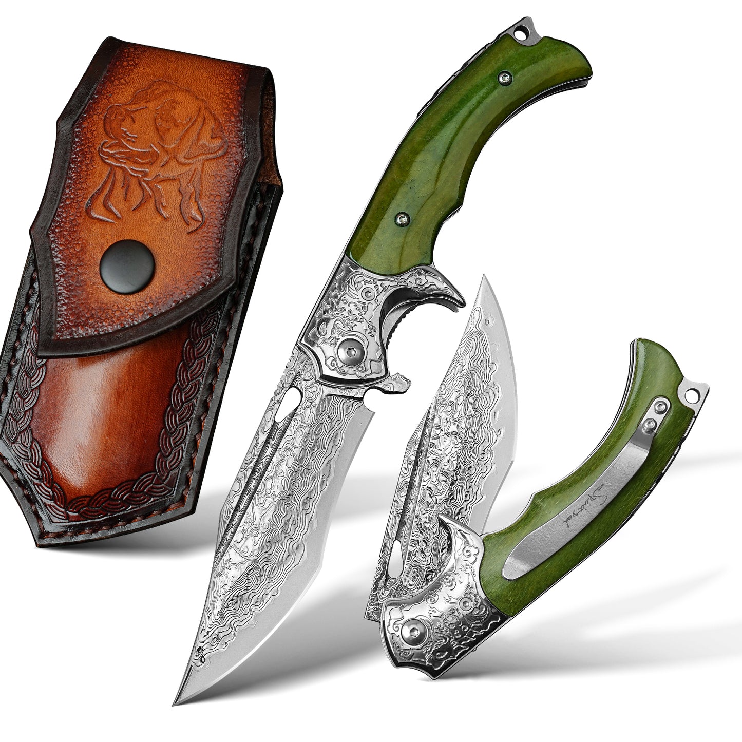 3.62 Inch Portable Folding Pocket Knife, Damascus Steel 67 Layers, Dyed Cow Bone Handle, Clip