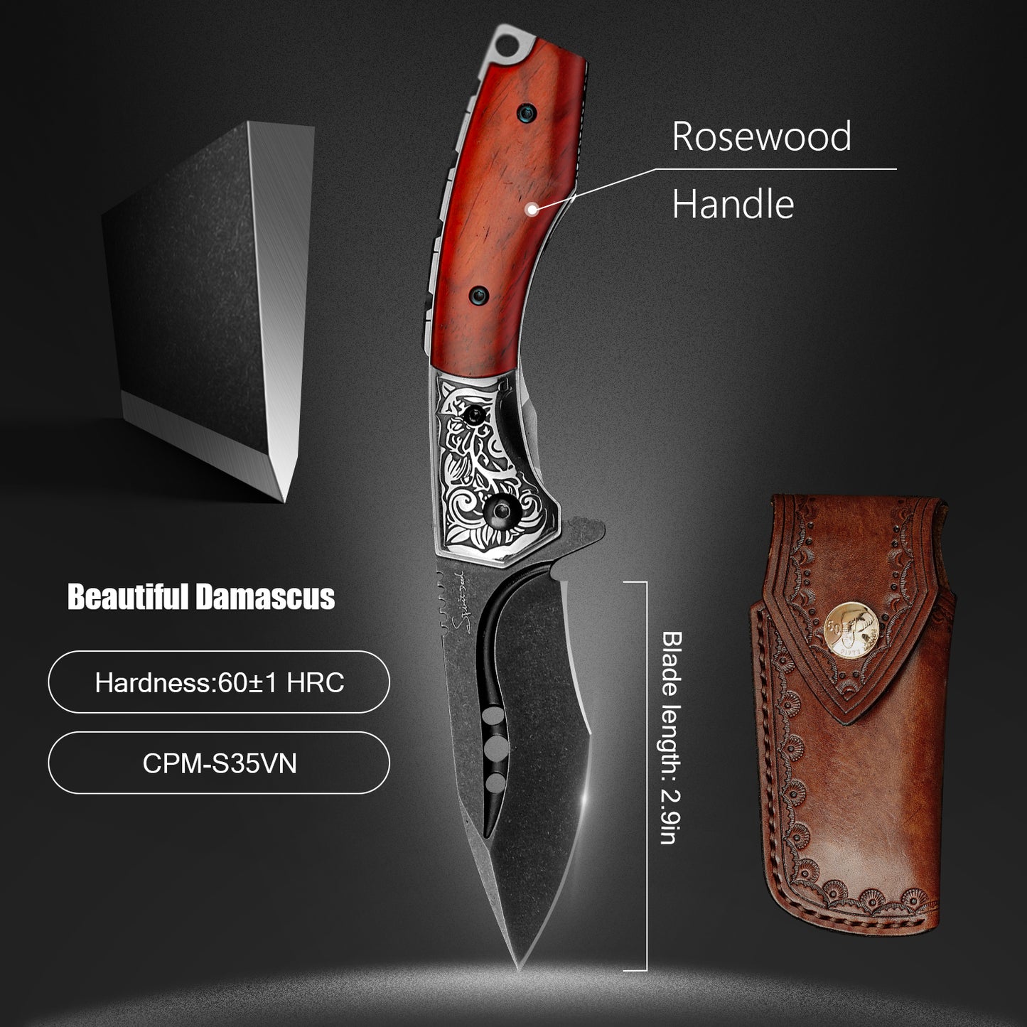 2.87 Inch Camping Folding Knife,CPM-S35VN Powder Steel Blade,Rosewood Handle