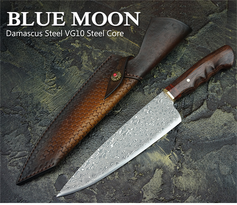 7.5 Inch Full Tang Damascus Steel Chef Knife,VG10 Steel Core, Acid Branch Wood