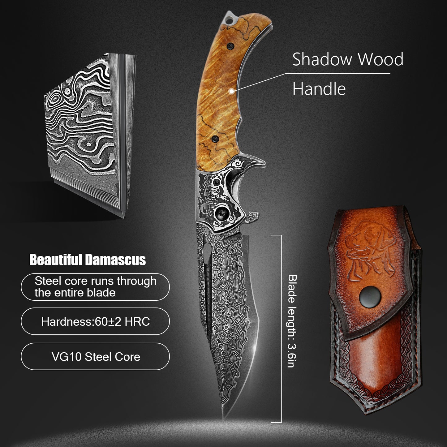 3.62 Inch Portable Folding Pocket Knife, Damascus Steel 67 Layers, Stable Handle, Clip