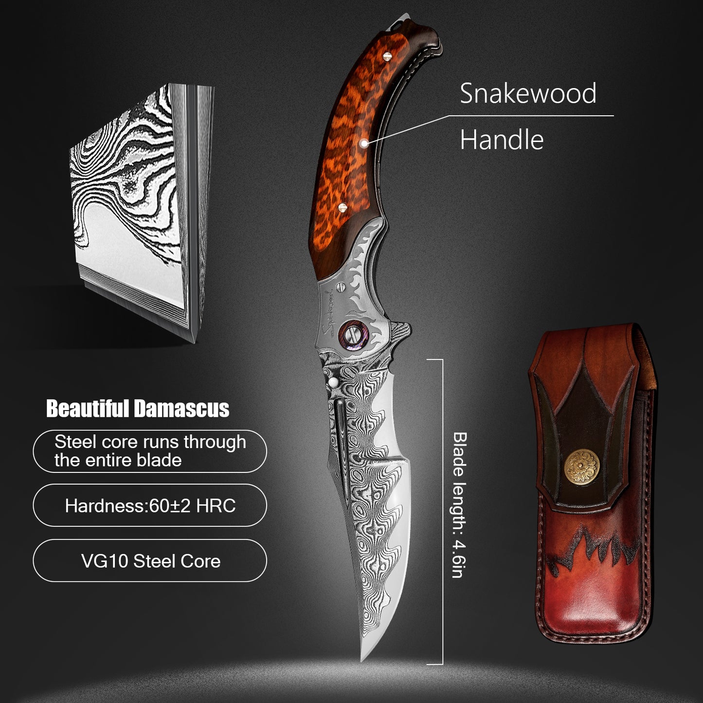 4.65 Inch Folding Blades Pocket Knife,67 Layer Damascus steel +VG10 Core,Ebony +Snakewood Handle