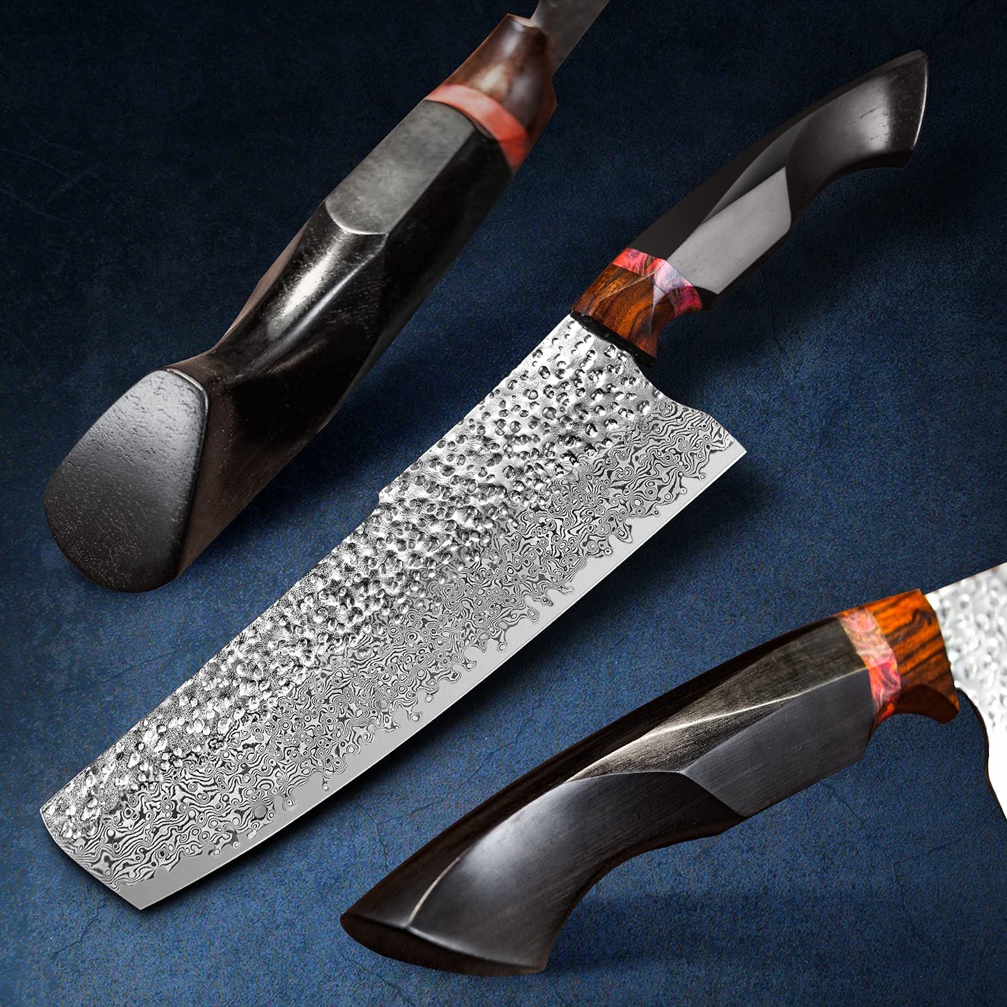 7.9in Nakiri Chef Knife, Damascus Steel Blade, Ebony Handle