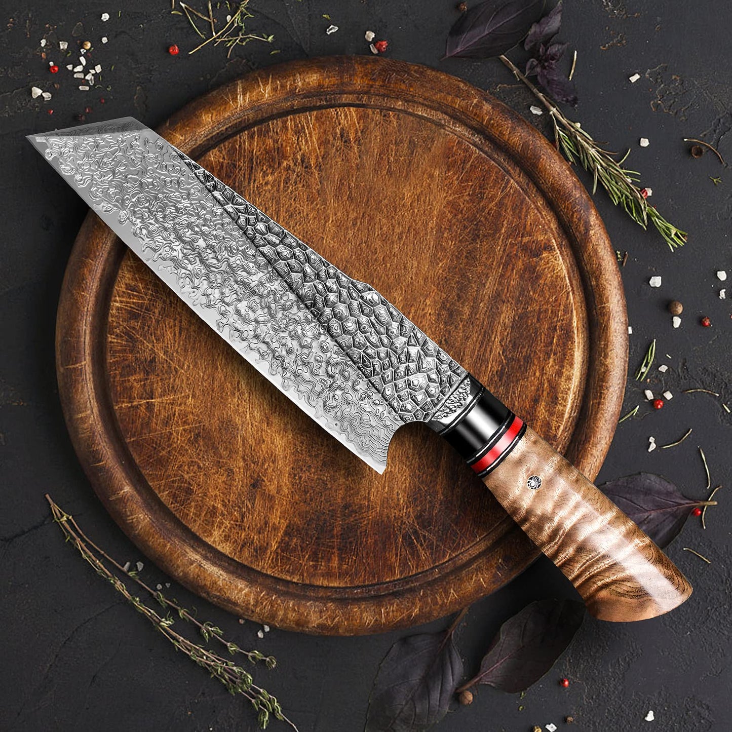 7.6 Inch Japanese Handmade Santoku Chef Knife,Damascus Steel Blade, Burl Wood Handle