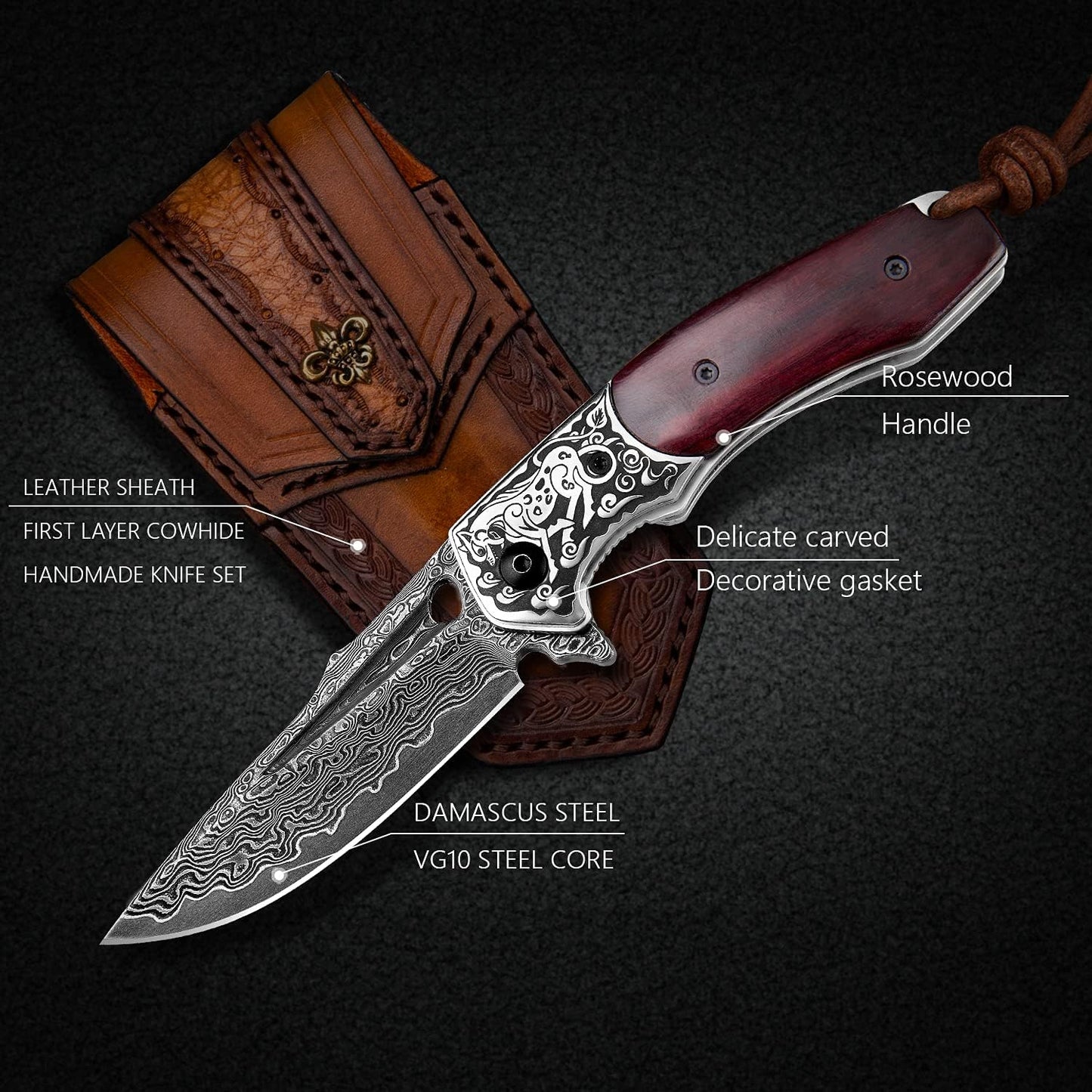 3inch Handmade EDC Pocket Knife, Damascus Steel Blade, Wooden Handle, Liner Lock, Sheath