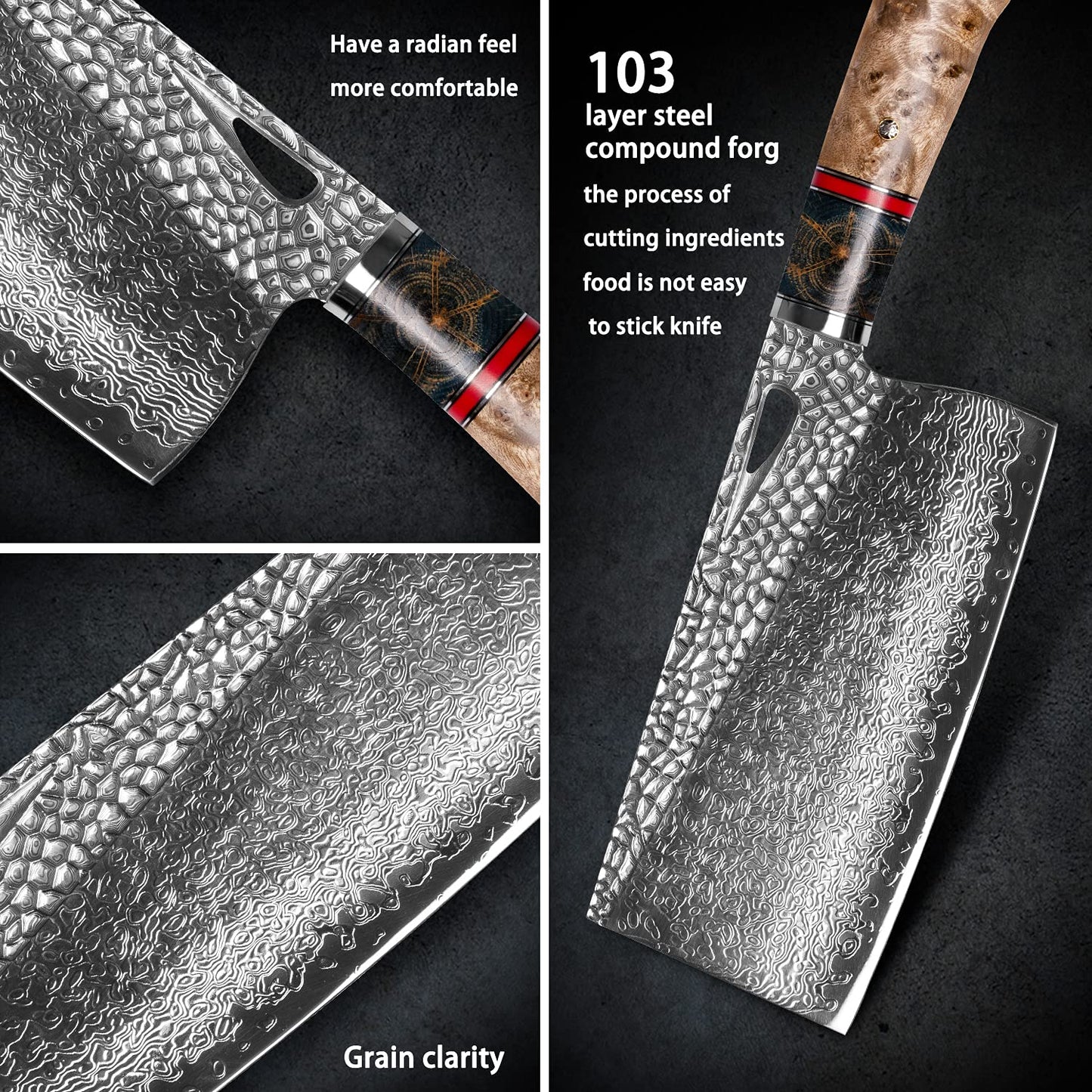 7.5in Professional Chopping Chopper Knives,Hand Forged Damascus Steel,Burl Stabilized Wood Handle