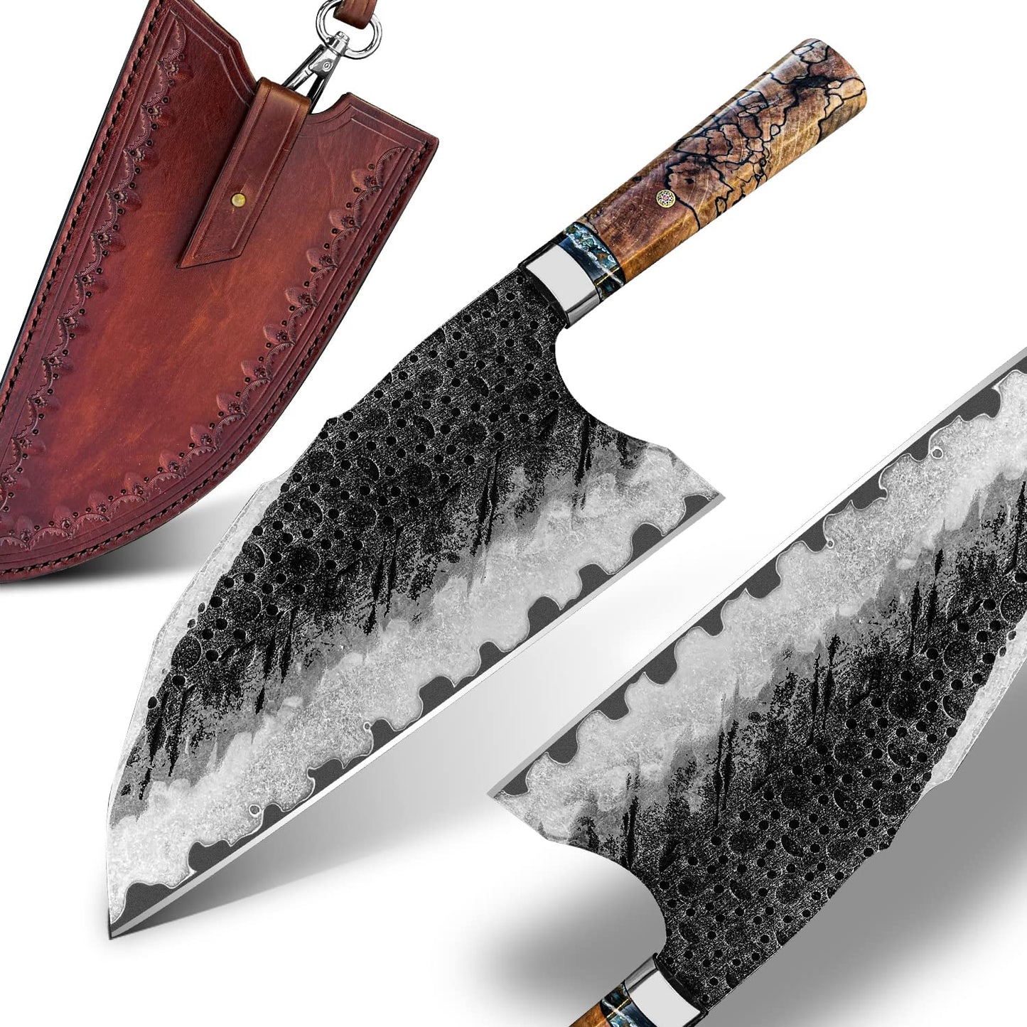 8.5 Inch Chinese Kitchen Butcher Knife,SKD11 Damascus Steel, Cured Stable Maple Burl +G10