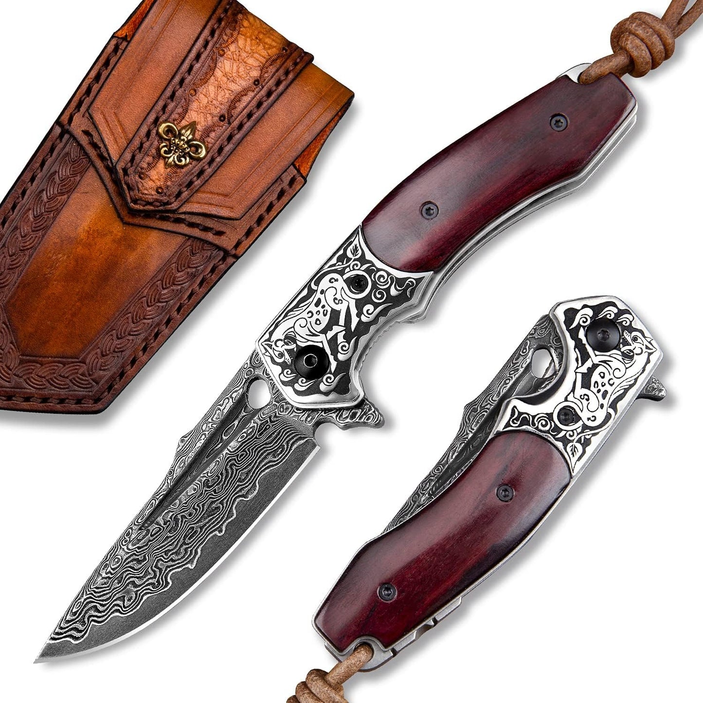 3inch Handmade EDC Pocket Knife, Damascus Steel Blade, Wooden Handle, Liner Lock, Sheath