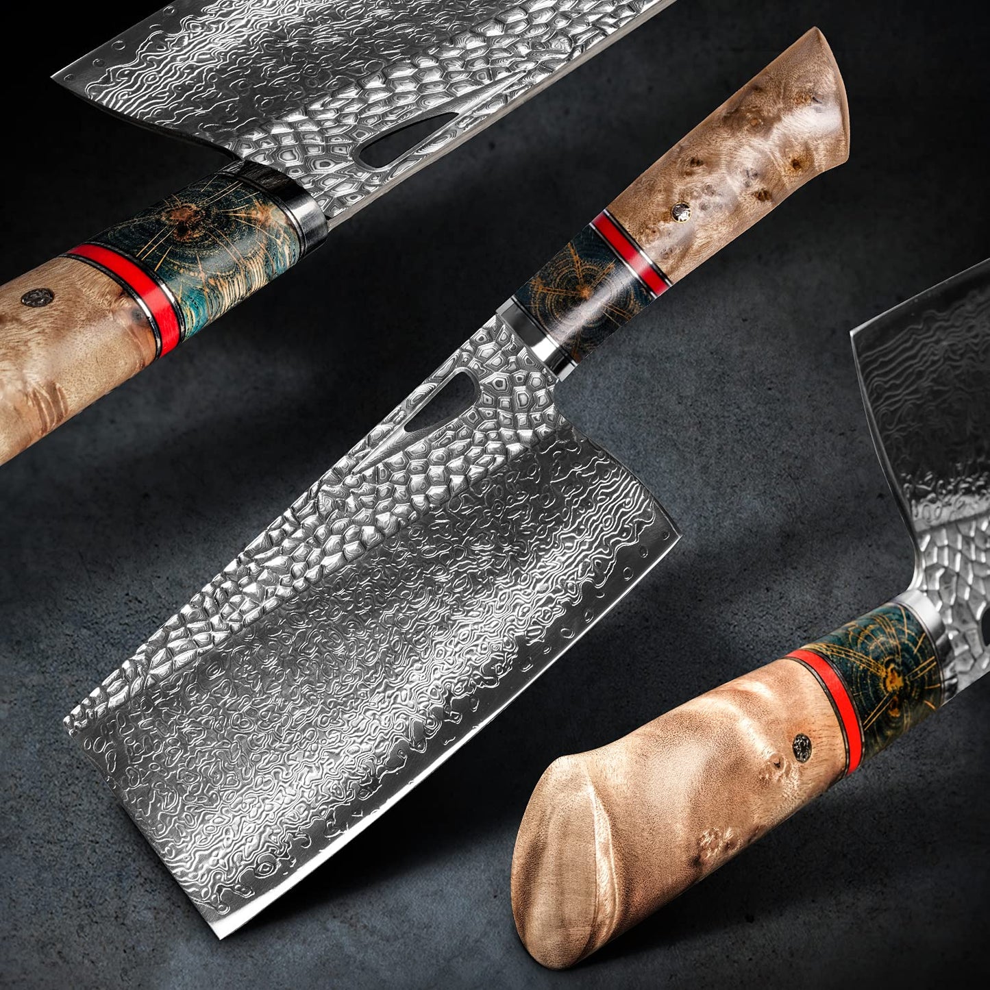 7.5in Professional Chopping Chopper Knives,Hand Forged Damascus Steel,Burl Stabilized Wood Handle