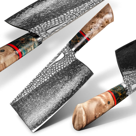 7.5in Professional Chopping Chopper Knives,Hand Forged Damascus Steel,Burl Stabilized Wood Handle