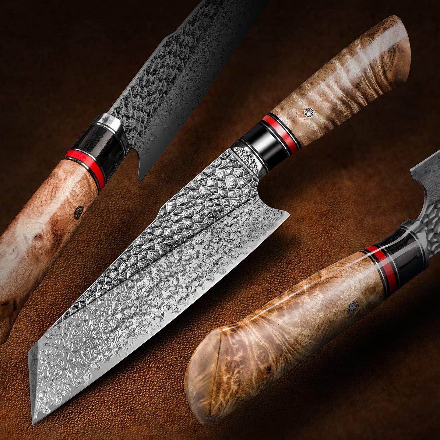 7.6 Inch Japanese Handmade Santoku Chef Knife,Damascus Steel Blade, Burl Wood Handle