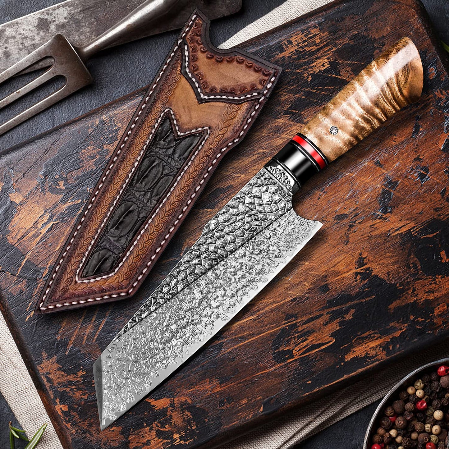 7.6 Inch Japanese Handmade Santoku Chef Knife,Damascus Steel Blade, Burl Wood Handle