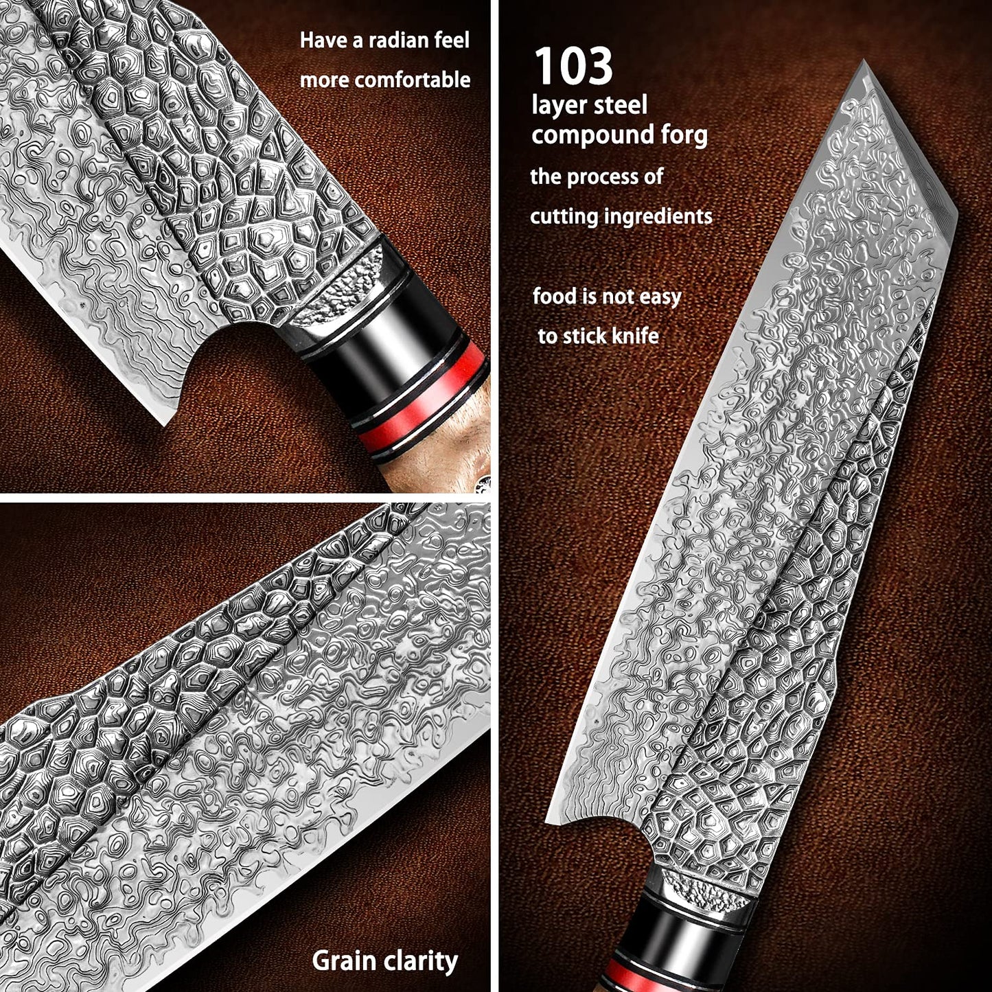 7.6 Inch Japanese Handmade Santoku Chef Knife,Damascus Steel Blade, Burl Wood Handle