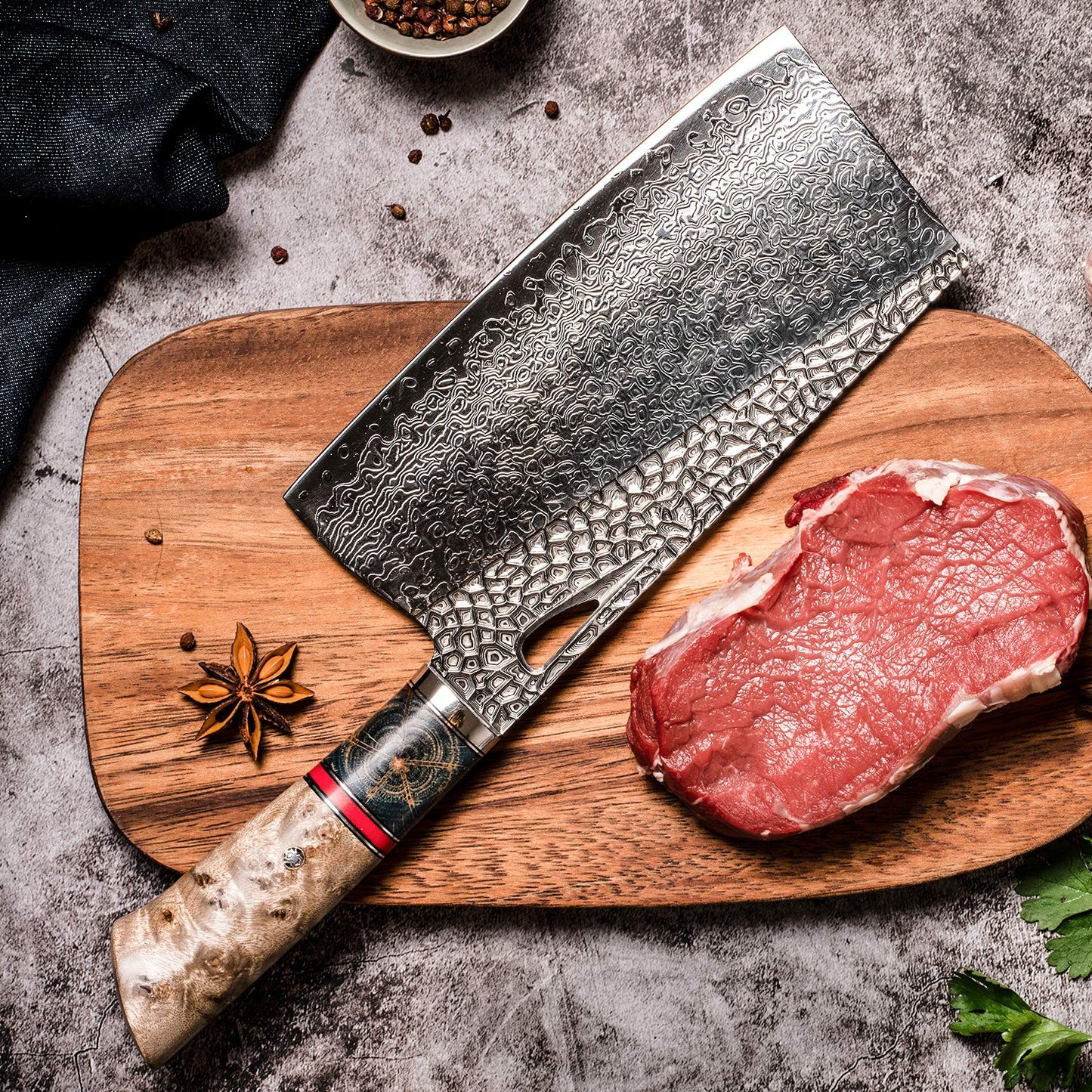 7.5in Professional Chopping Chopper Knives,Hand Forged Damascus Steel,Burl Stabilized Wood Handle