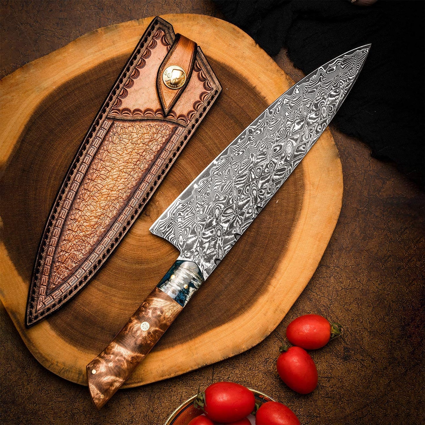 8.3 Inch Full Tang Japanese Chef Knife,VG10 Damascus Steel Blade,Burl Wood Handle