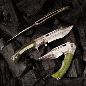 3.62 Inch Portable Folding Pocket Knife, Damascus Steel 67 Layers, Dyed Cow Bone Handle, Clip