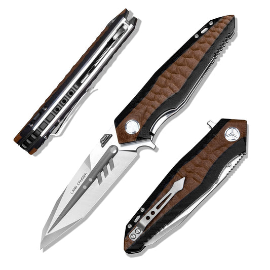 4in Outdoor Edc Folding Blade Knife, D2 Tool Steel Blade with Fuller, Brown G10 Handle,Liner Lock