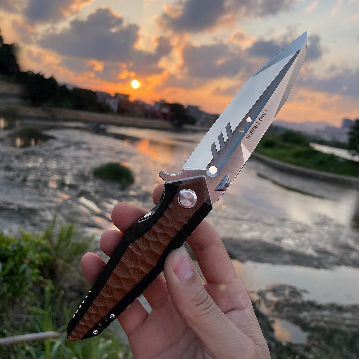 4in Outdoor Edc Folding Blade Knife, D2 Tool Steel Blade with Fuller, Brown G10 Handle,Liner Lock