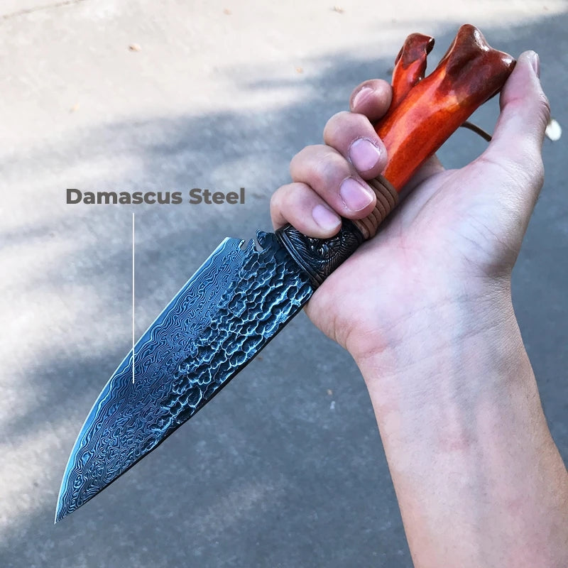 7.09 Inch Outdoor Damascus Fixed Blade Knife, VG10 Damascus Steel, Ostrich Foot Bone Handle