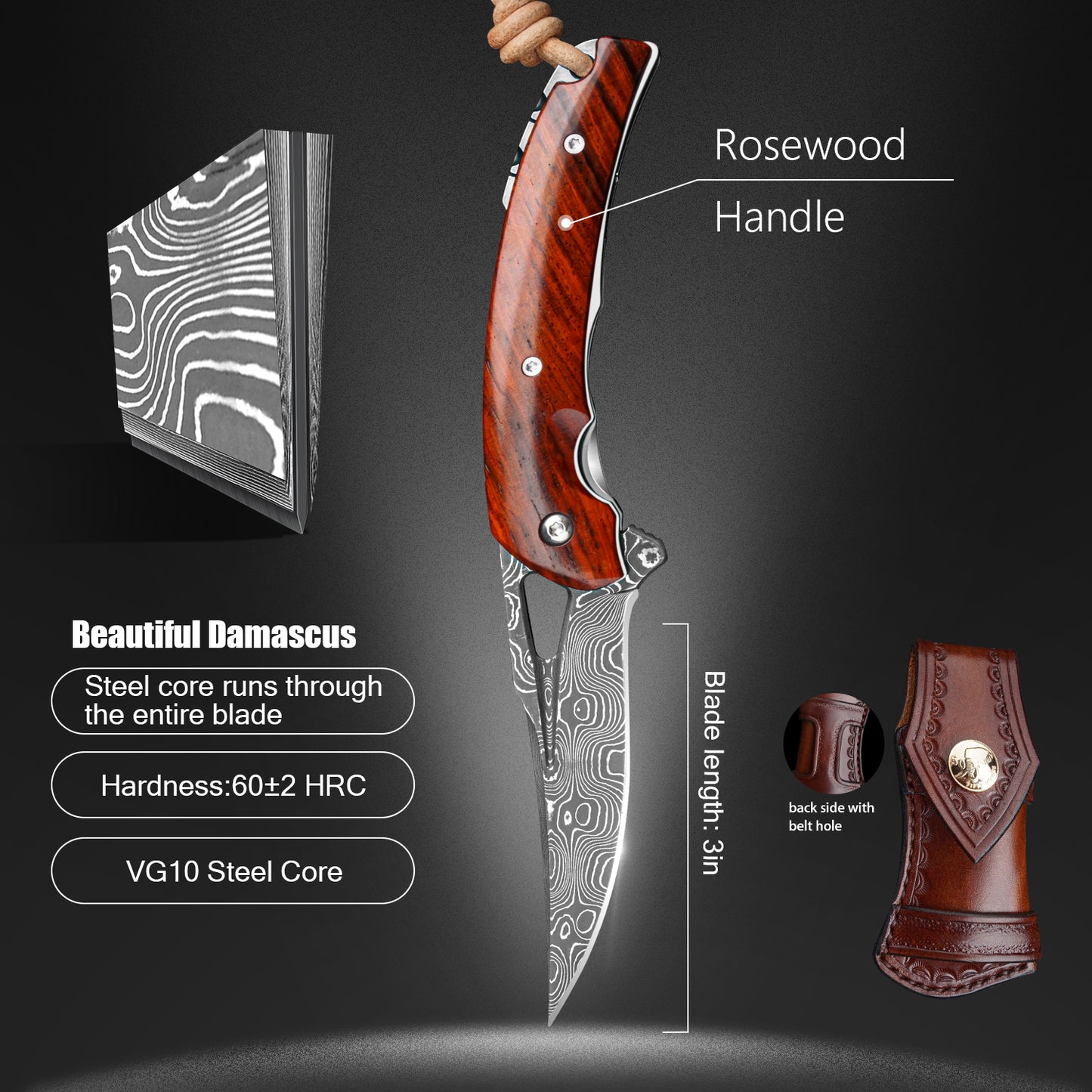 2.95in Japanese Handmade Folding Knives, VG10 Damascus Steel,Rosewood Handle