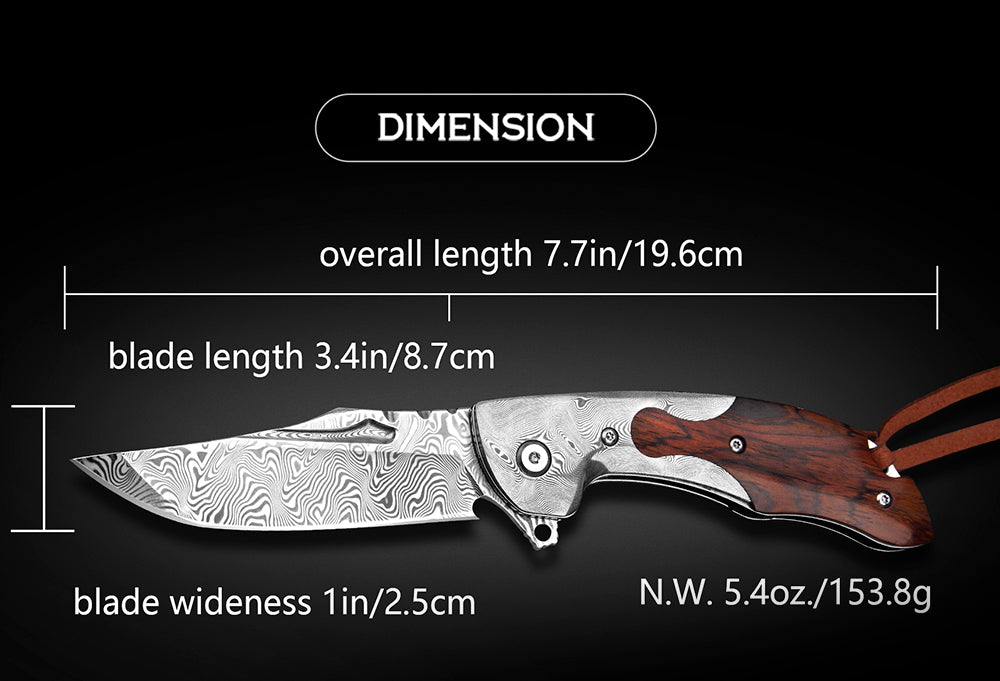 3.4 in Japanese Handmade Folding Pocket Knife,110 Layers Damascus Steel,Rosewood Handle,Liner Lock,Leather Sheath