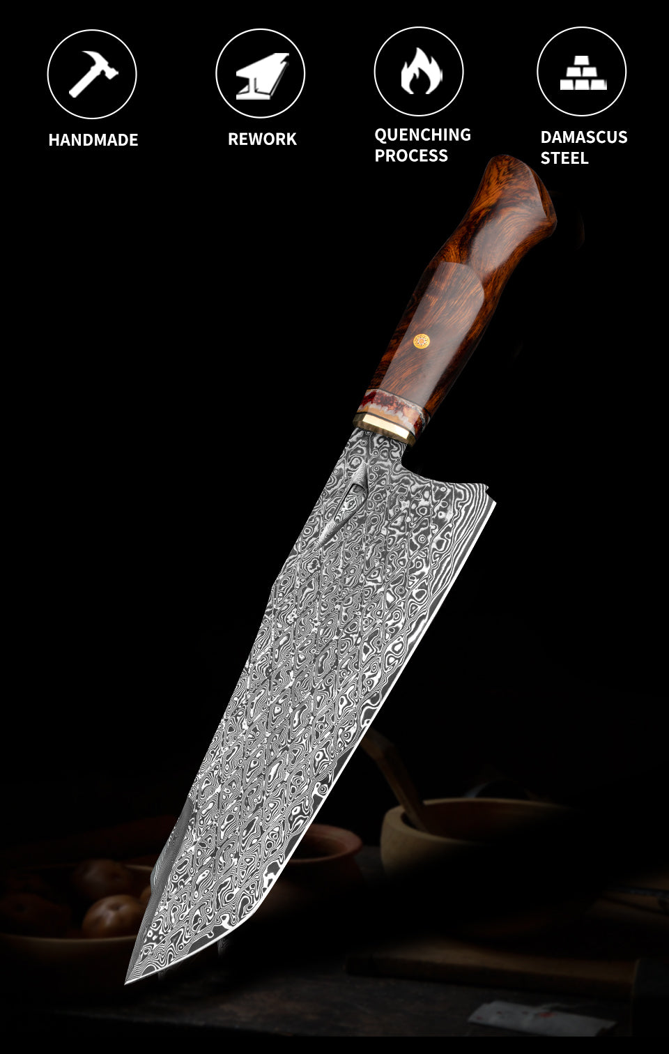 8 Inch Japanese Kitchen Knife, Vg 10 Core Damascus Steel, Desert Iron Wood Handle