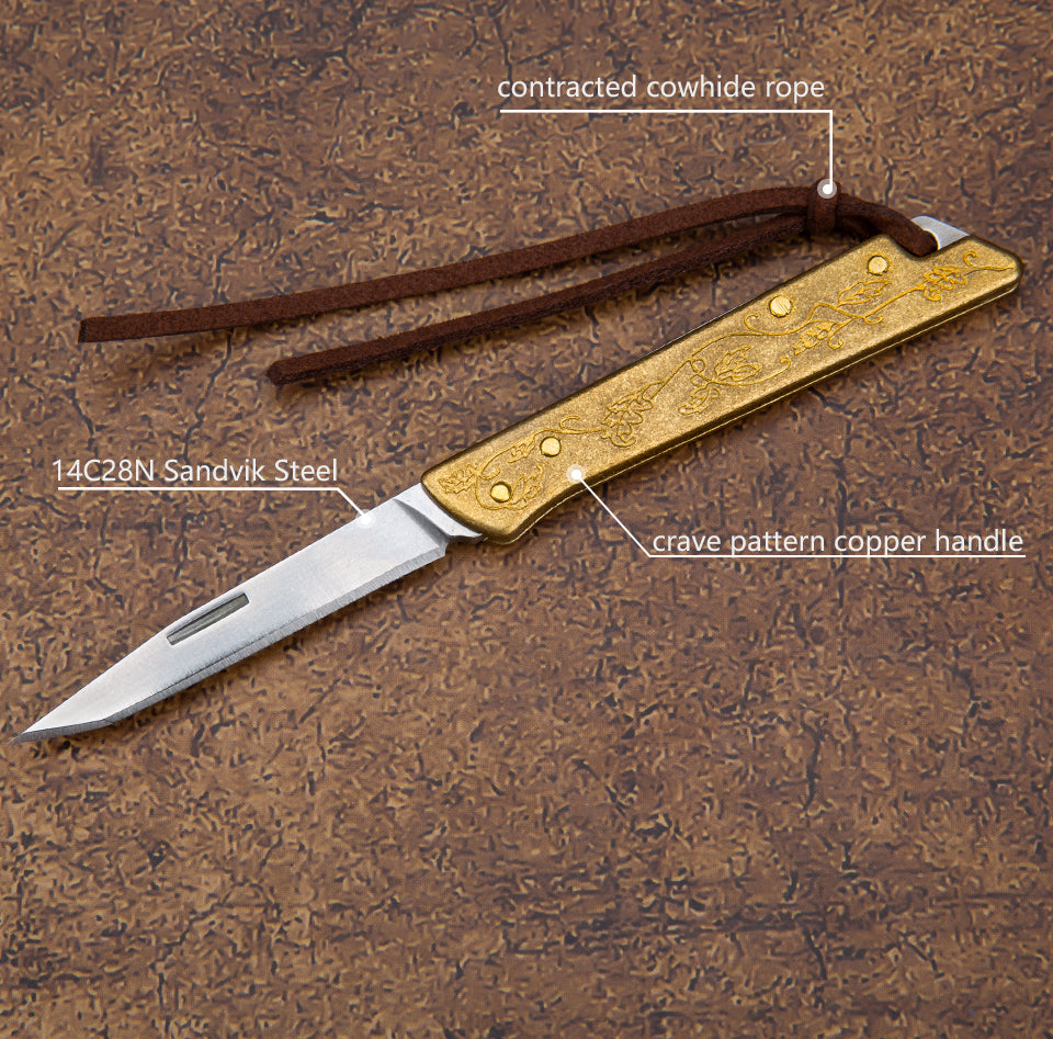 2.1 in Japanese Mini  Keychain Folding Pocket Knife,14C27 Steel Blade,Copper Handle