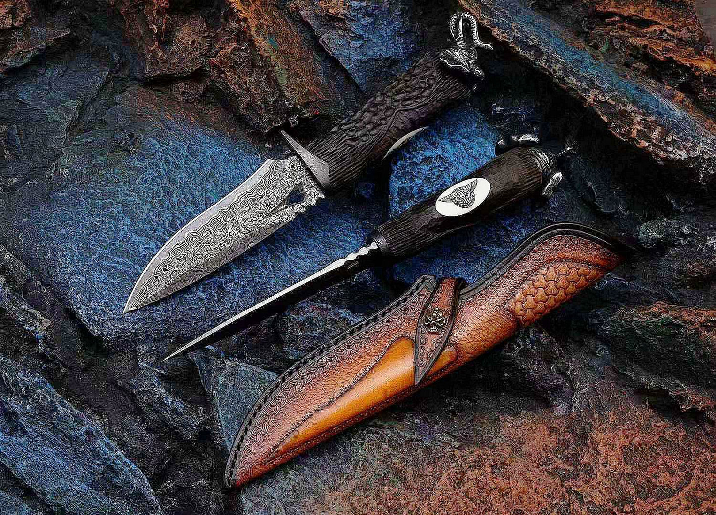 Auspicious Elephant 3.9 Inch Outdoor Full Tang Fixed Blade Knife,  VG10 Damascus Steel, Ebony Wood