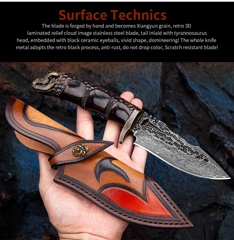 TYRANNOSAURUS REX 3.9 Inch Outdoor Full Tang Fixed Blade Knife, 67 Layers VG10 Steel, Ebony Wood