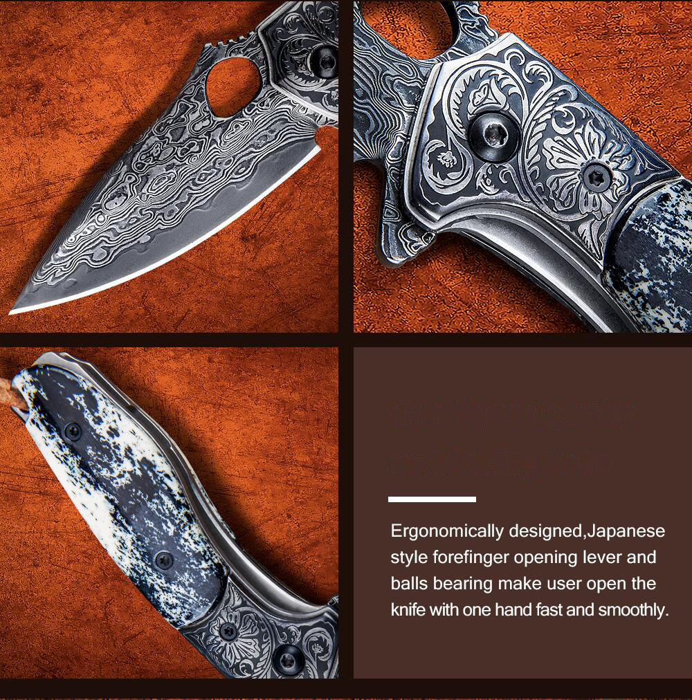 2.5in Japanese Handmade Folding Knives,VG10 Damascus Steel,Bone Handle,Liner Lock,Leather Sheath