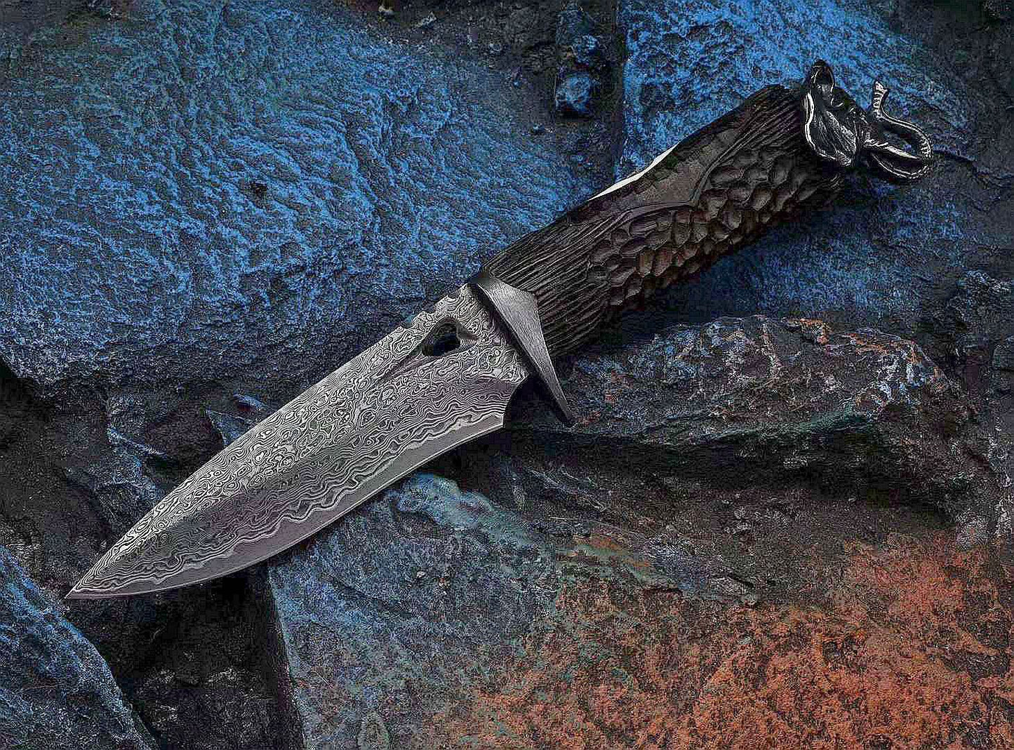 Auspicious Elephant 3.9 Inch Outdoor Full Tang Fixed Blade Knife,  VG10 Damascus Steel, Ebony Wood