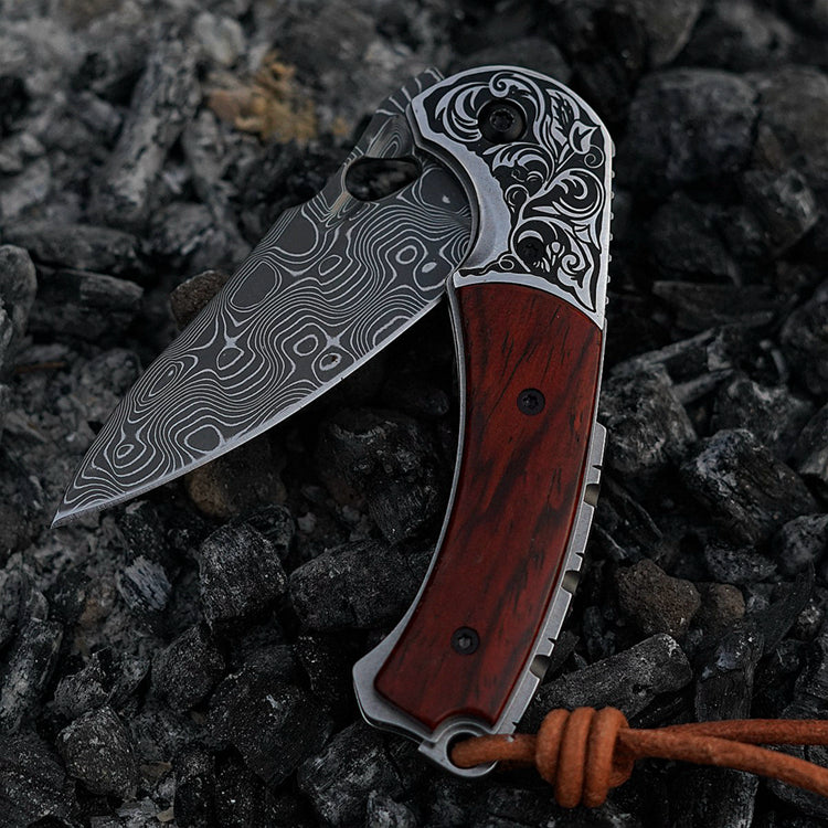 2.7 in Japanese Folding Pocket Knife,103 Layers Damascus Steel,Rosewood Handle,Liner Lock,Leather Sheath