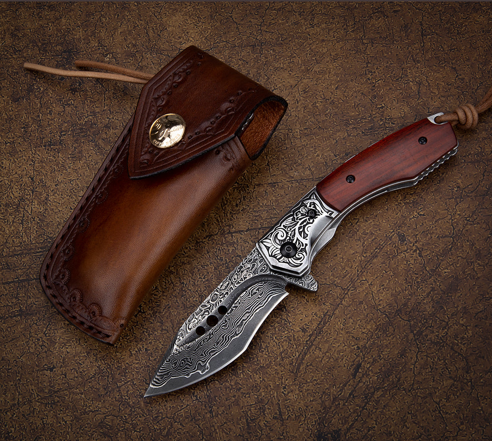 3.1 Inch Camping Folding Knife, 67 Layers Damascus Steel Blade,Rosewood Handle