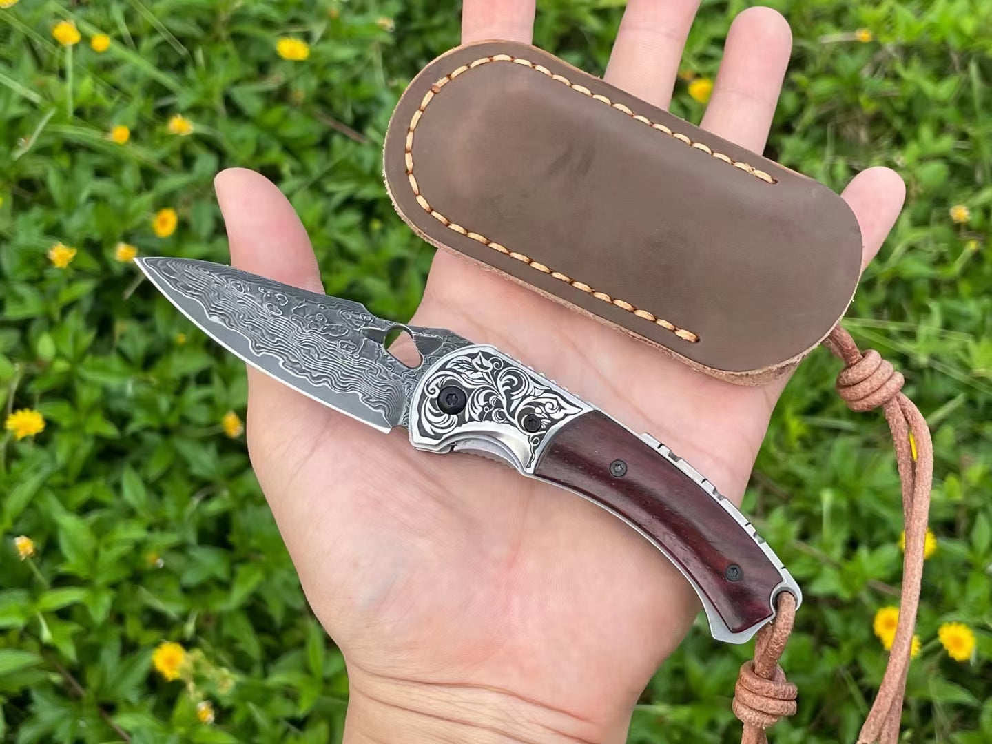 2.83 in Japanese Folding Pocket Knife,67 Layers Damascus Steel,Rosewood Handle,Liner Lock,Leather Sheath