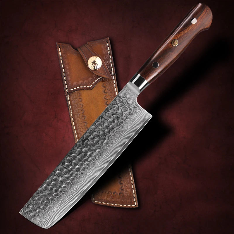 7 Inch Full Tang Nakiri Chef Knife, Damascus Steel Blade, Desert Ironwood Handle