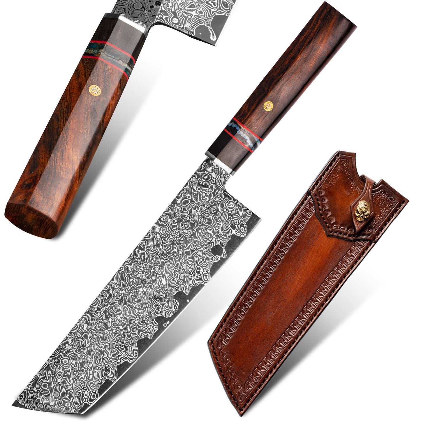 8 Inch Nakiri Chef Knife, Damascus Steel Blade, Desert Ironwood Handle