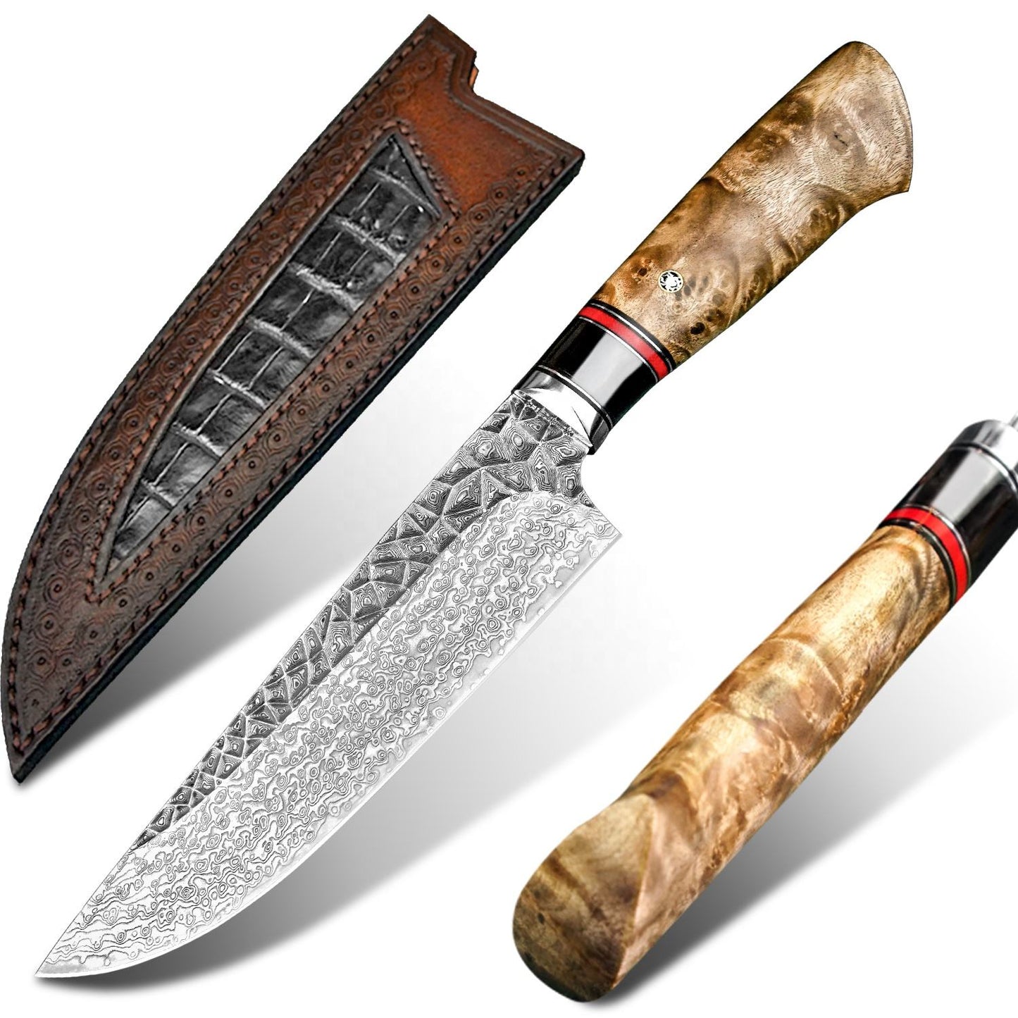 6.8 Inch Japanese Handmade Chef Knife,Damascus Steel Blade, Burl Wood Handle, Leather Case