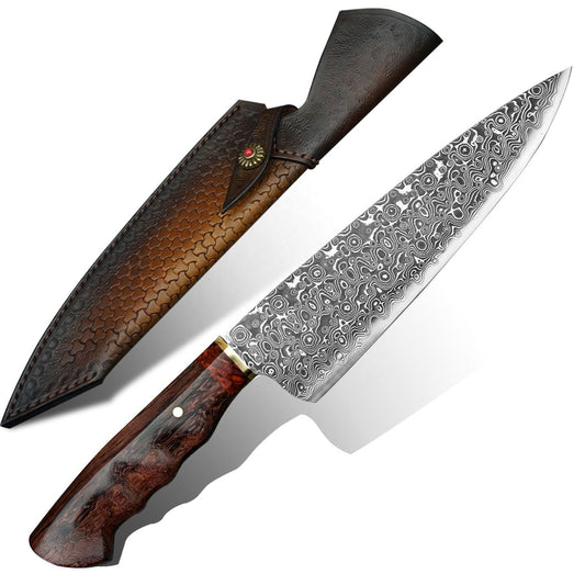 7.5 Inch Full Tang Damascus Steel Chef Knife,VG10 Steel Core, Acid Branch Wood